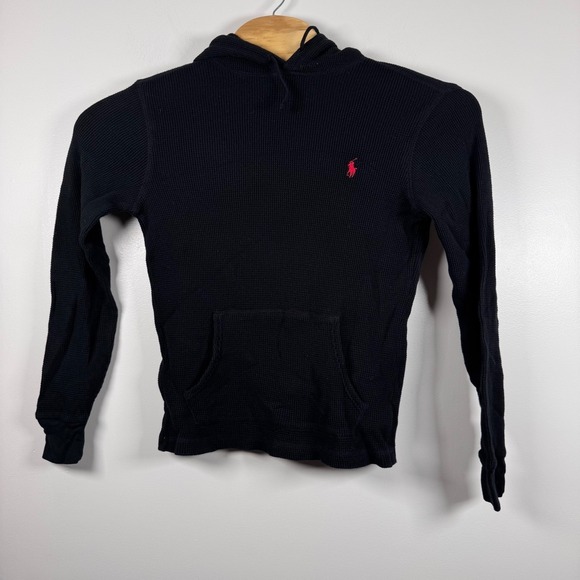 Polo Ralph Lauren Black Waffle Knit Hoodie Red Pony Logo Men's Medium Pullover - Picture 3 of 6